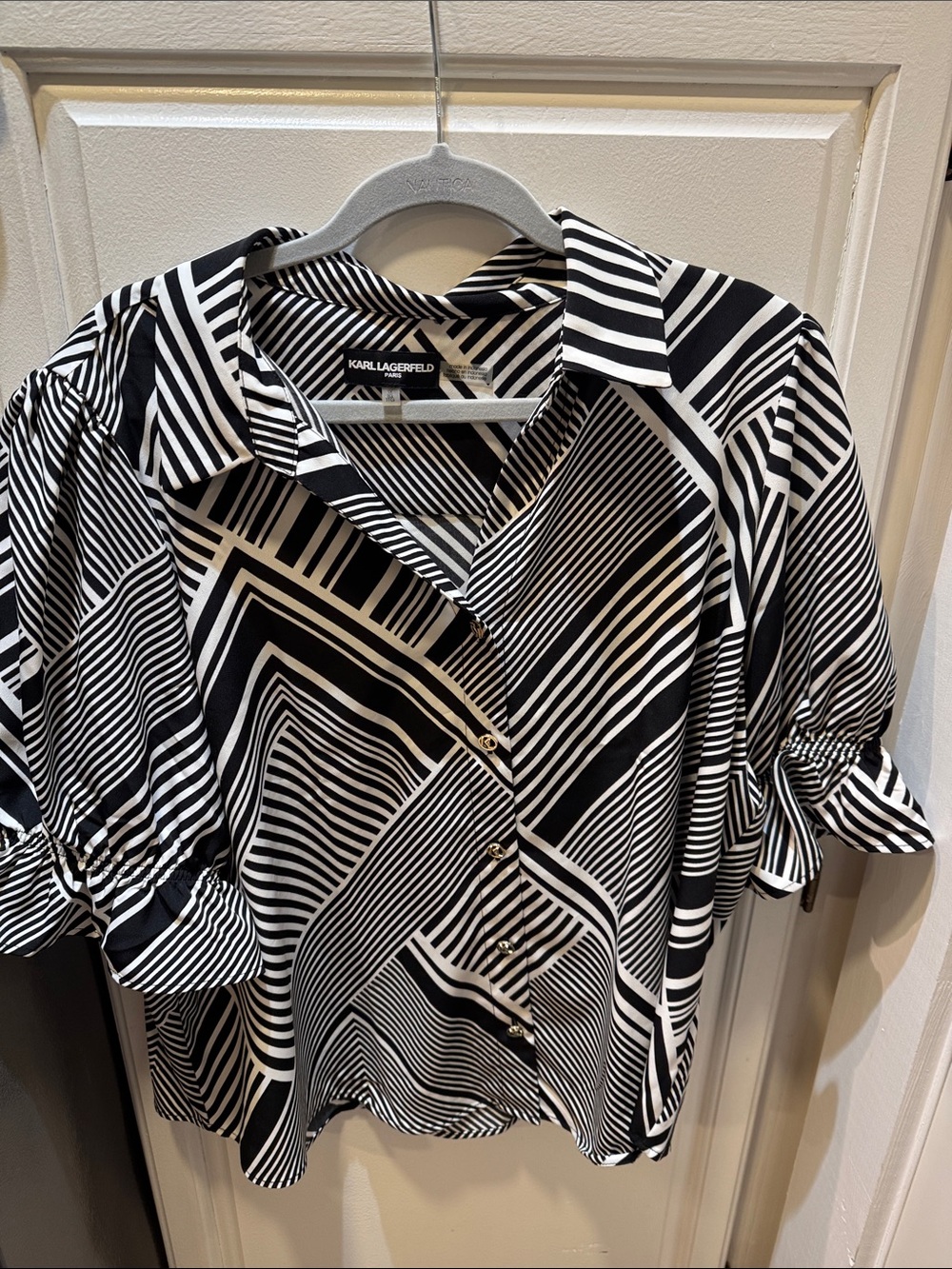 Karl Lagerfeld Black & White Striped Geometric Button-Down Shirt